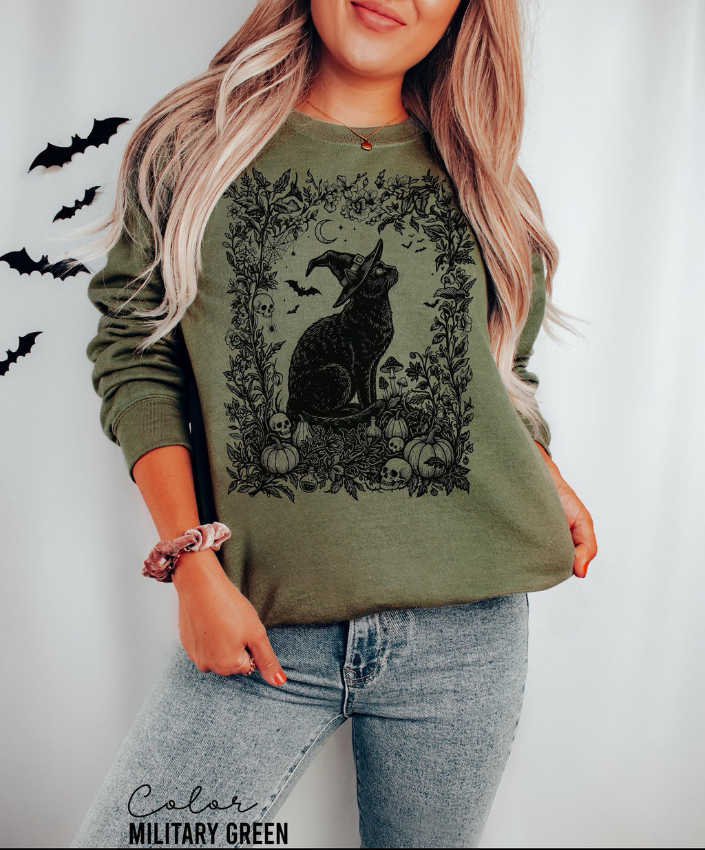 Dark Botanical Black Cat Halloween Shirt, Gothic Cat Tee, Witchy Halloween Cat Gift, Spooky Cat Lover Tee