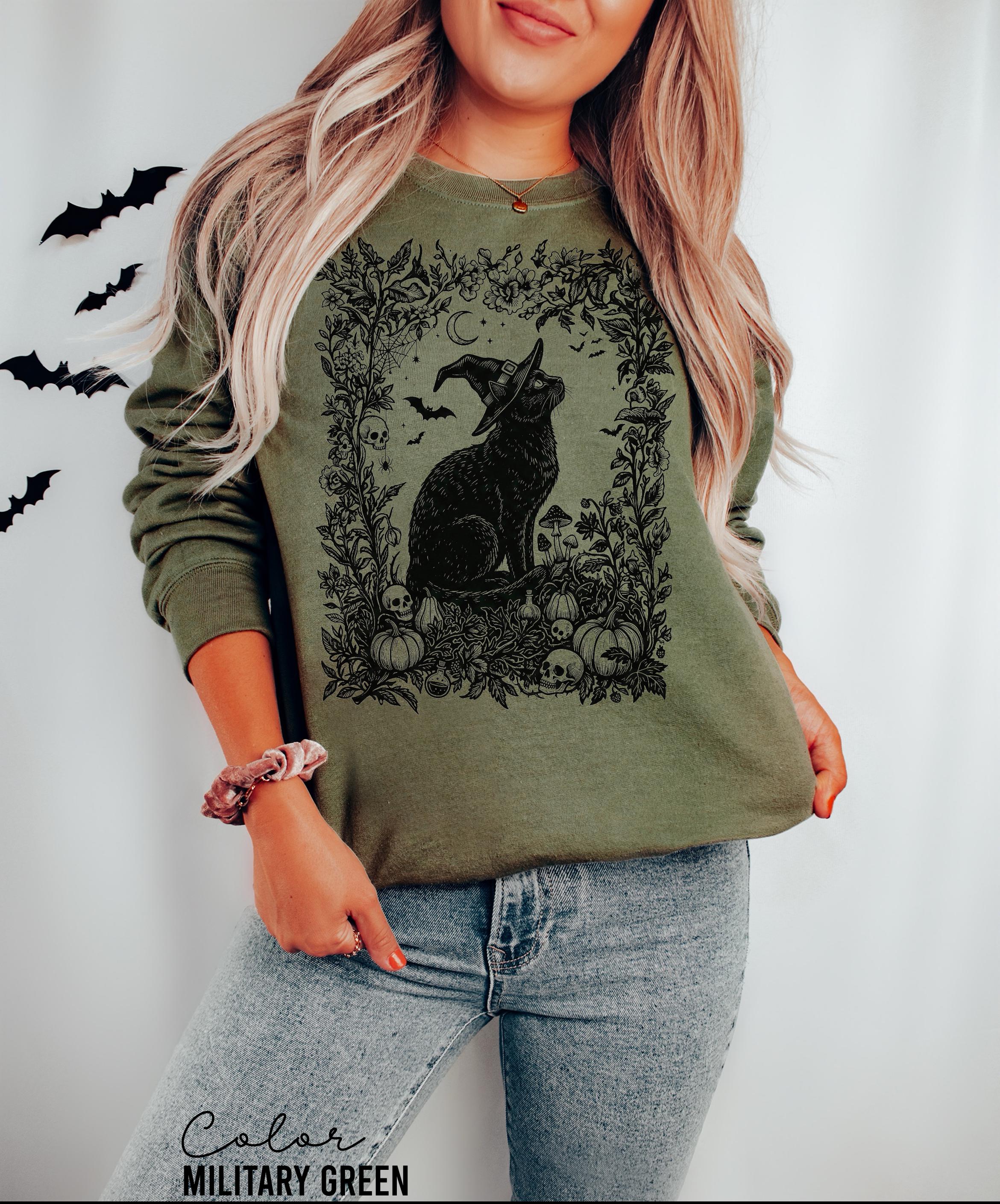 Dark Botanical Black Cat Halloween Shirt, Gothic Cat Tee, Witchy Halloween Cat Gift, Spooky Cat Lover Tee