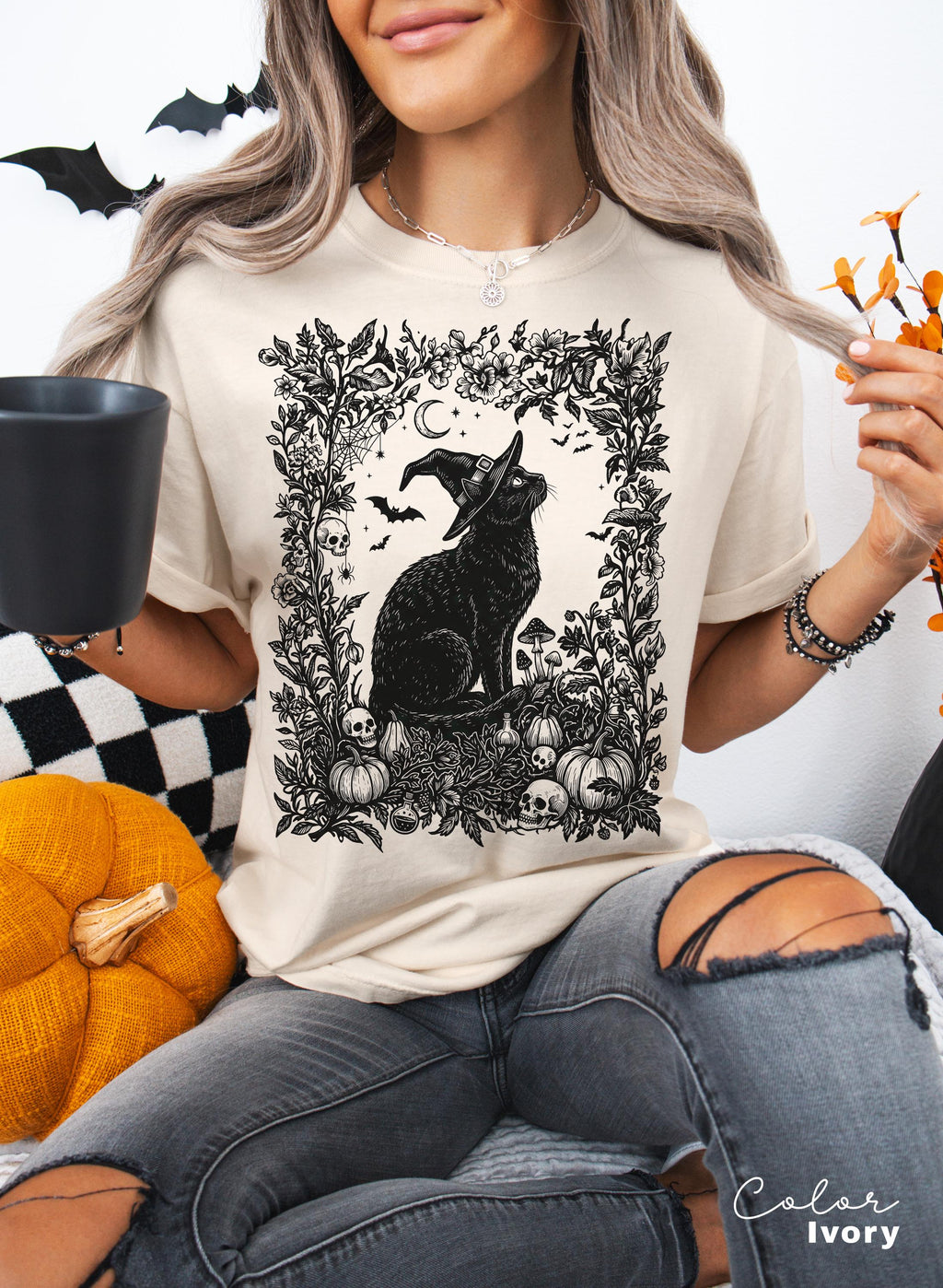 Dark Botanical Black Cat Halloween Shirt, Gothic Cat Tee, Witchy Halloween Cat Gift, Spooky Cat Lover Tee