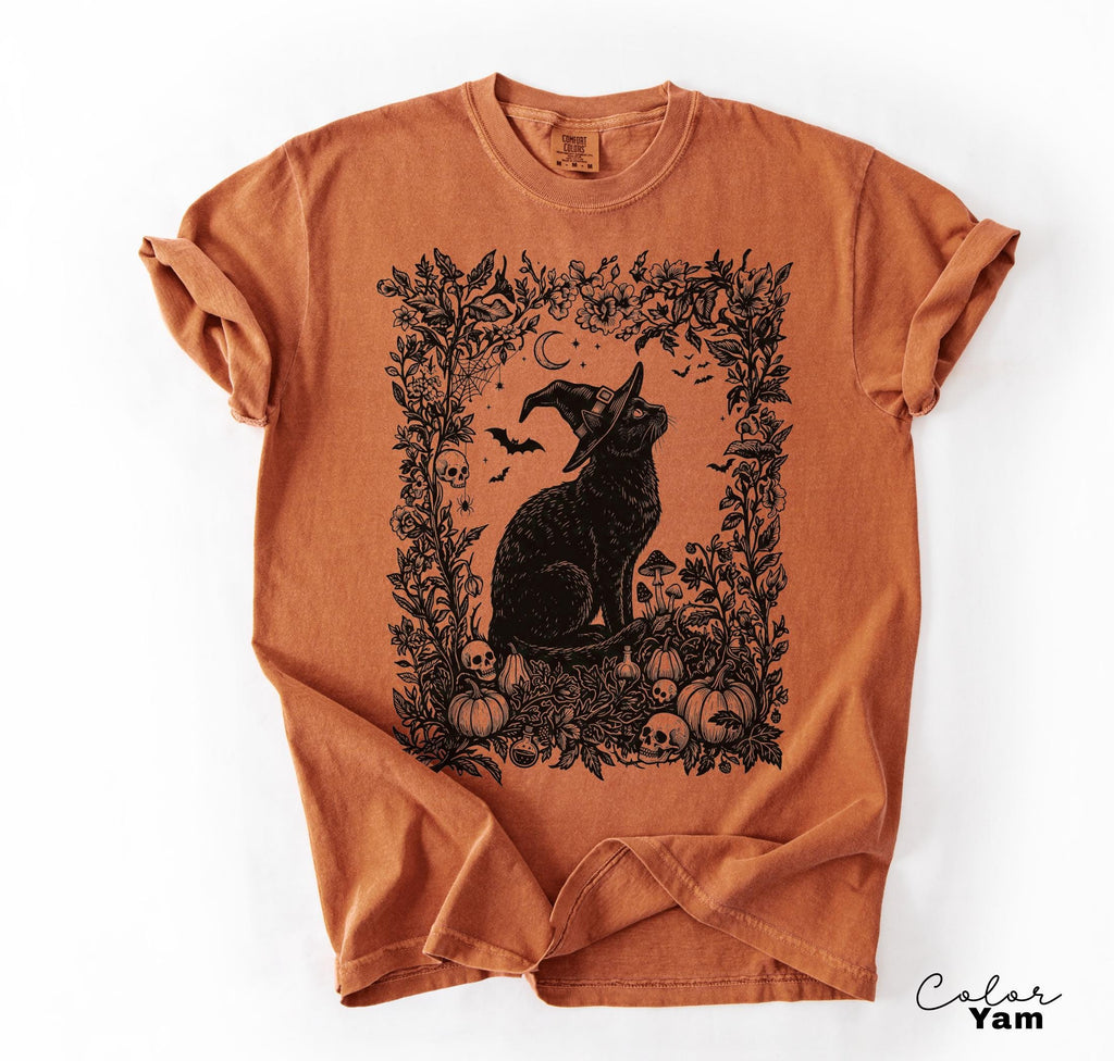 Dark Botanical Black Cat Halloween Shirt, Gothic Cat Tee, Witchy Halloween Cat Gift, Spooky Cat Lover Tee