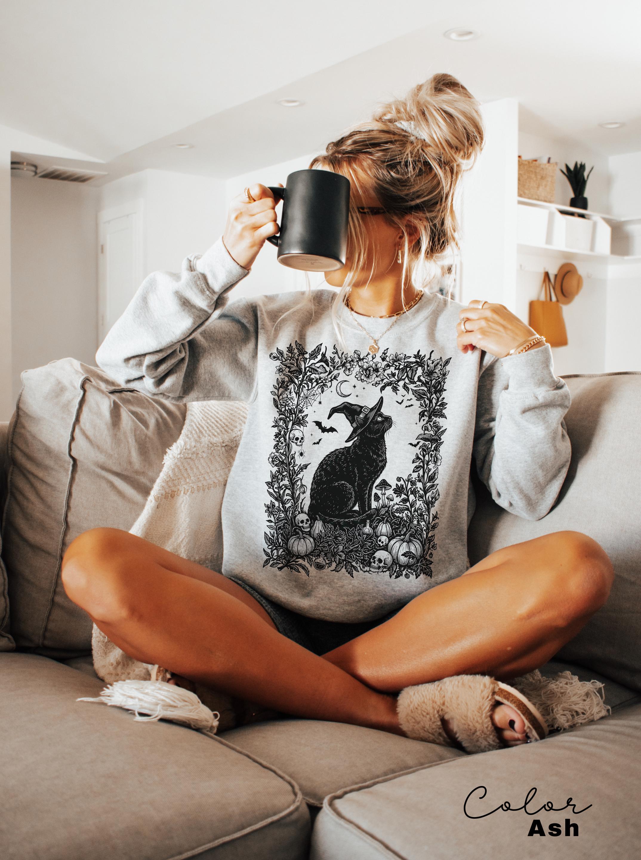 Dark Botanical Black Cat Halloween Shirt, Gothic Cat Tee, Witchy Halloween Cat Gift, Spooky Cat Lover Tee