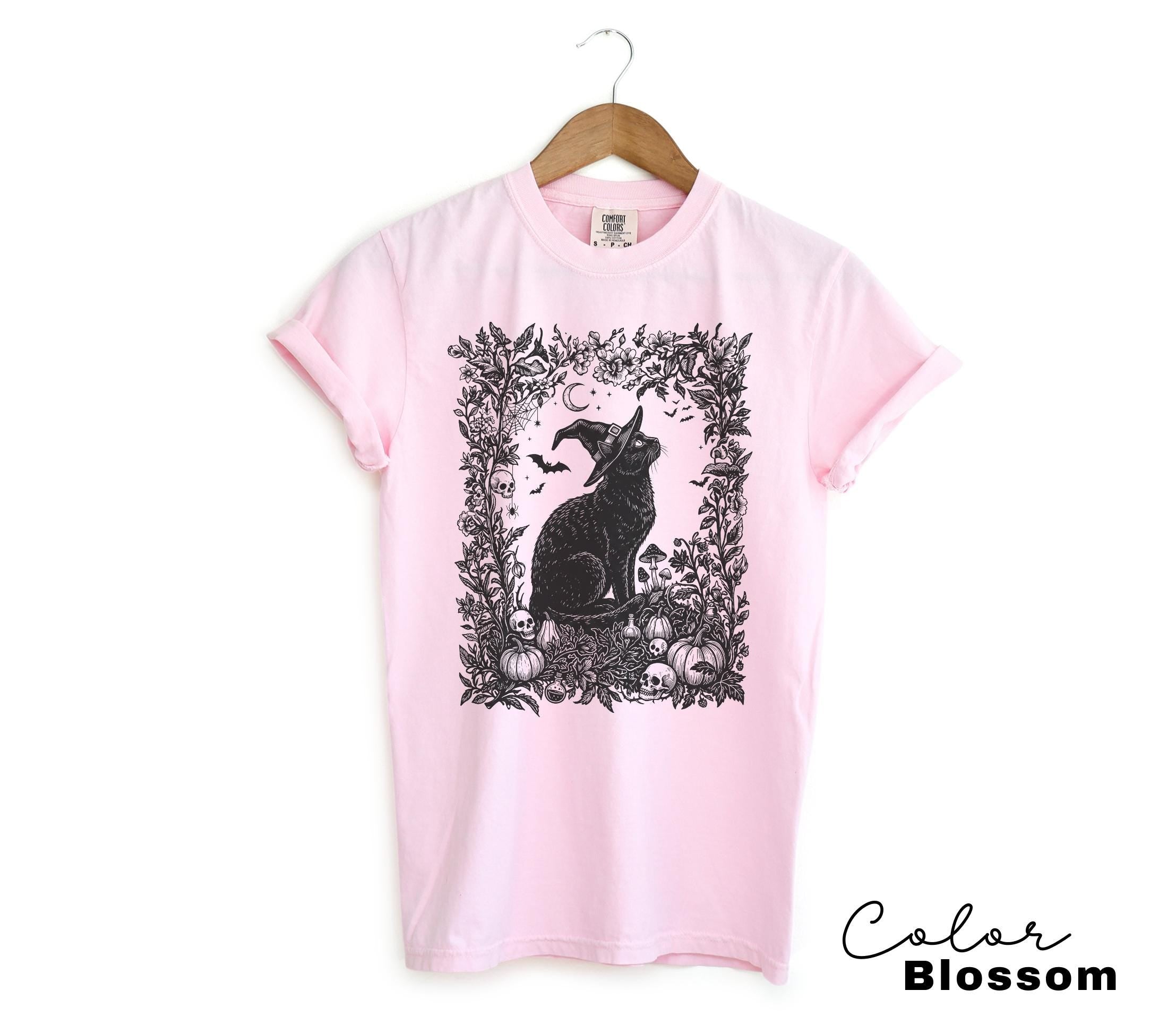Dark Botanical Black Cat Halloween Shirt, Gothic Cat Tee