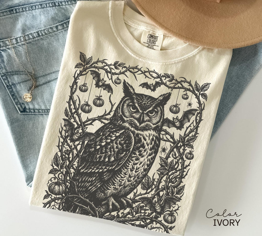 Gothic Owl Halloween Shirt, Dark Botanical Owl Tee, Witchy Owl Halloween Gift, Dark Academia Tee