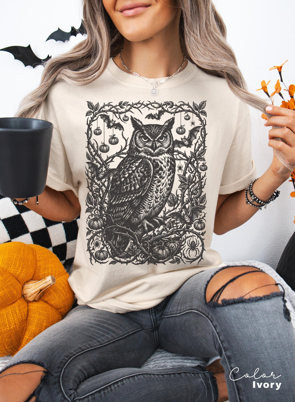 Gothic Owl Halloween Shirt, Dark Botanical Owl Tee, Witchy Owl Halloween Gift, Dark Academia Tee