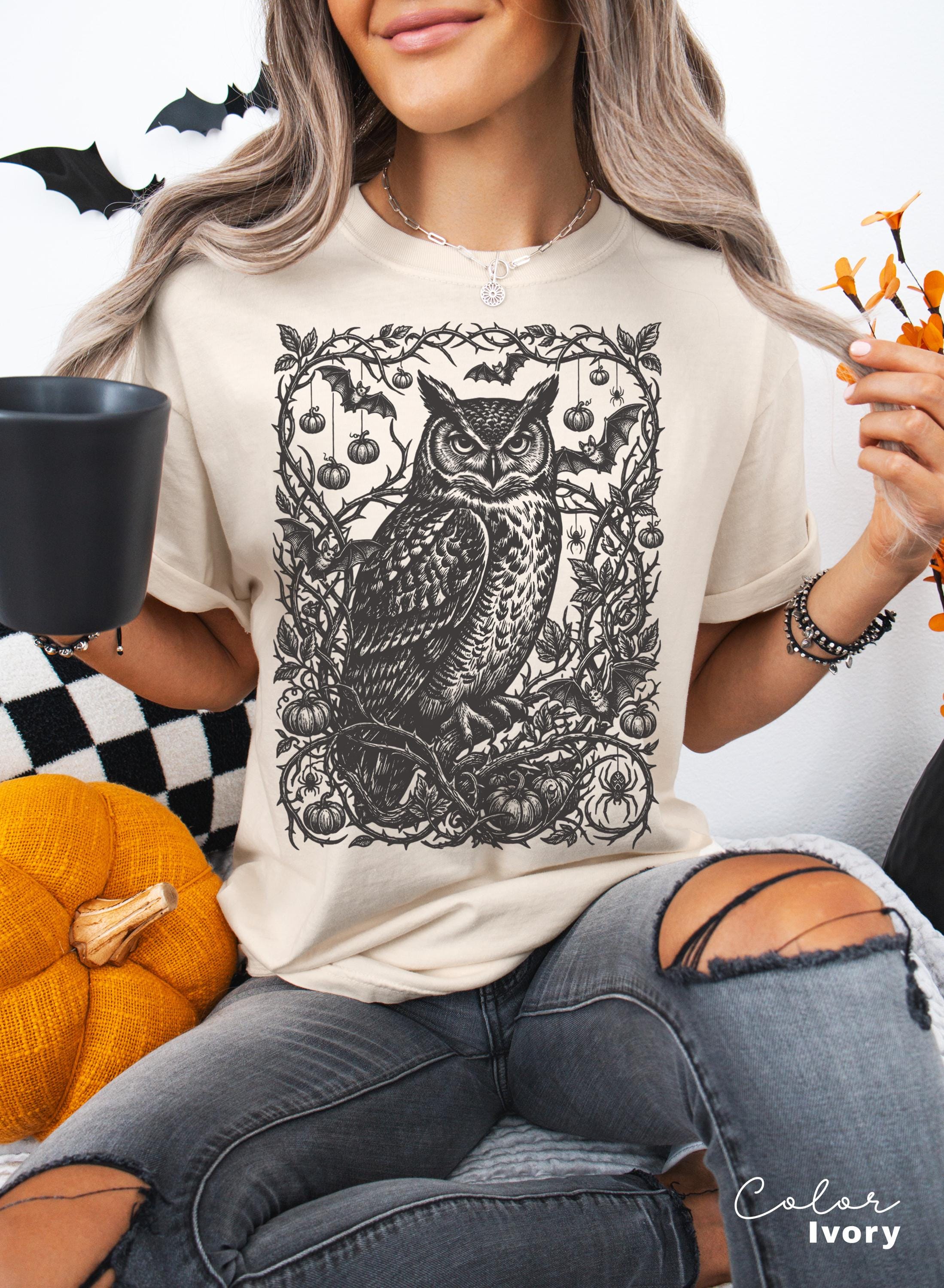 Gothic Owl Halloween Shirt, Dark Botanical Owl Tee, Witchy Owl Halloween Gift, Dark Academia Tee