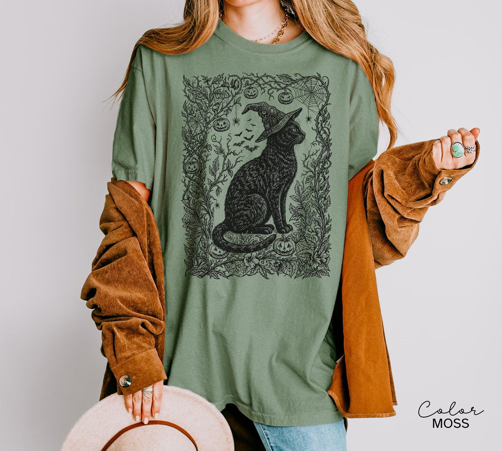Witchy Black Cat Halloween Shirt, Gothic Cat Botanical Tee, Dark Floral Cat Halloween, Cat Lover Spooky Gift