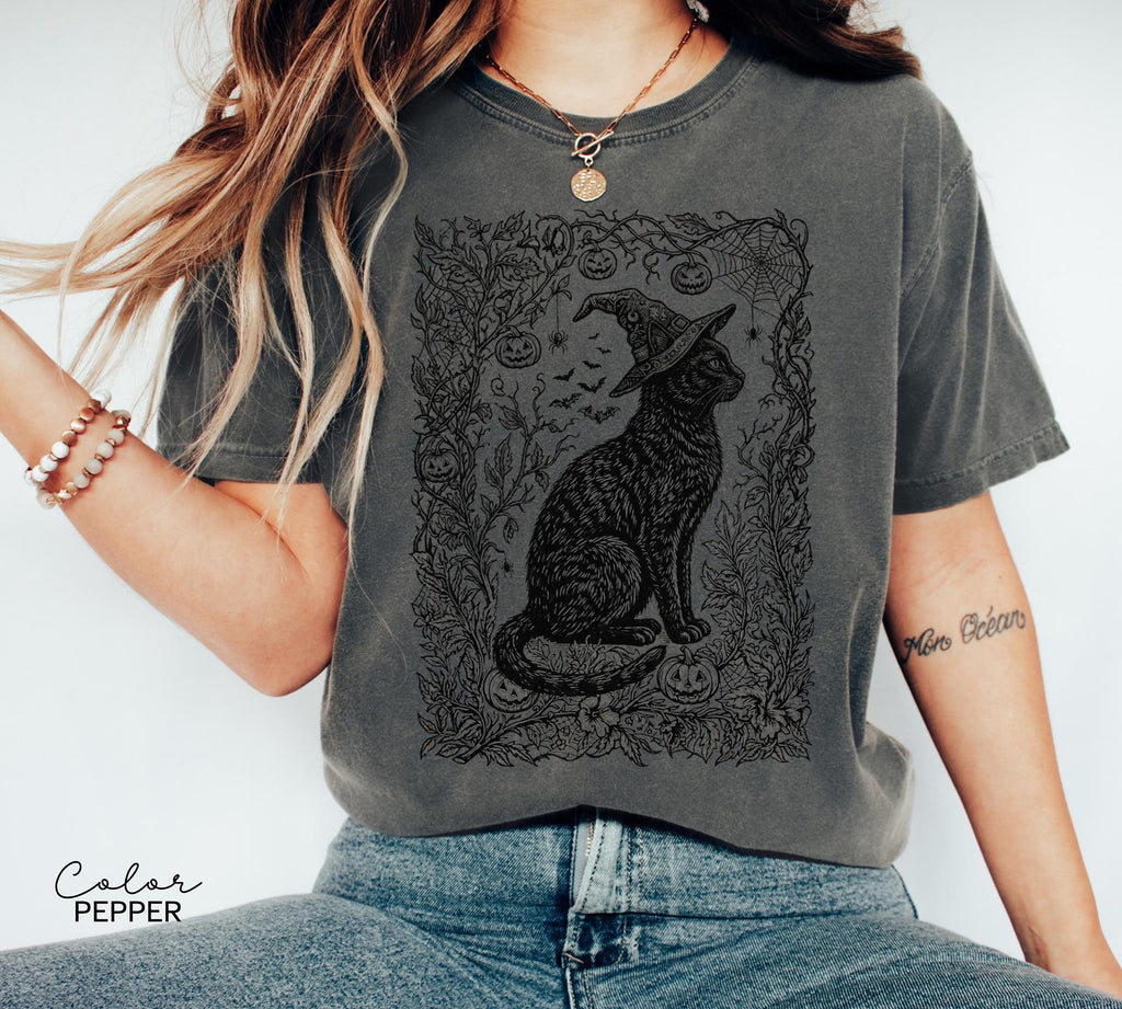 Witchy Black Cat Halloween Shirt, Gothic Botanical Cat Tee
