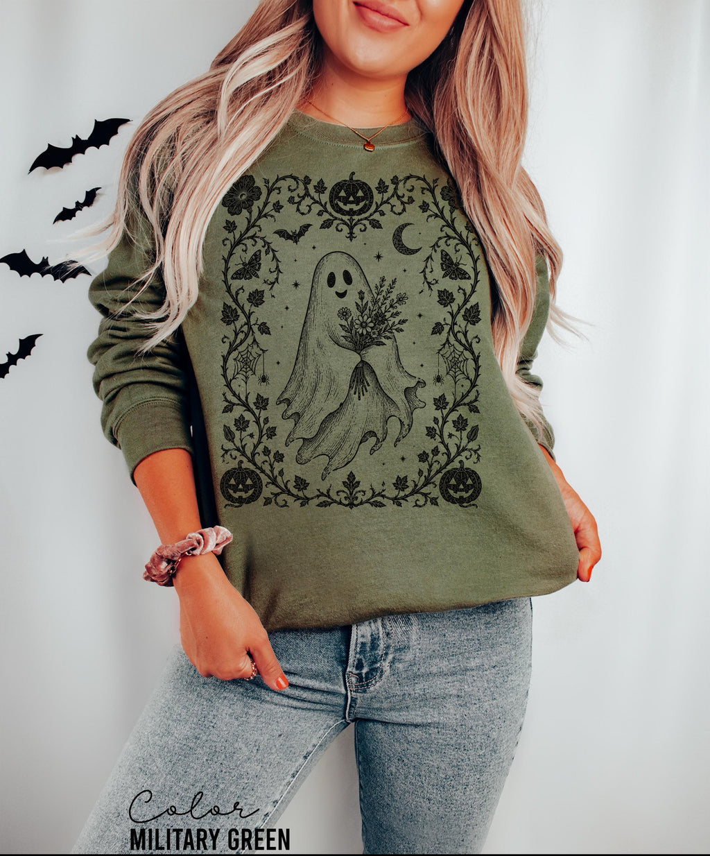 Dark Floral Ghost Halloween Shirt, Gothic Ghost Tee for Women
