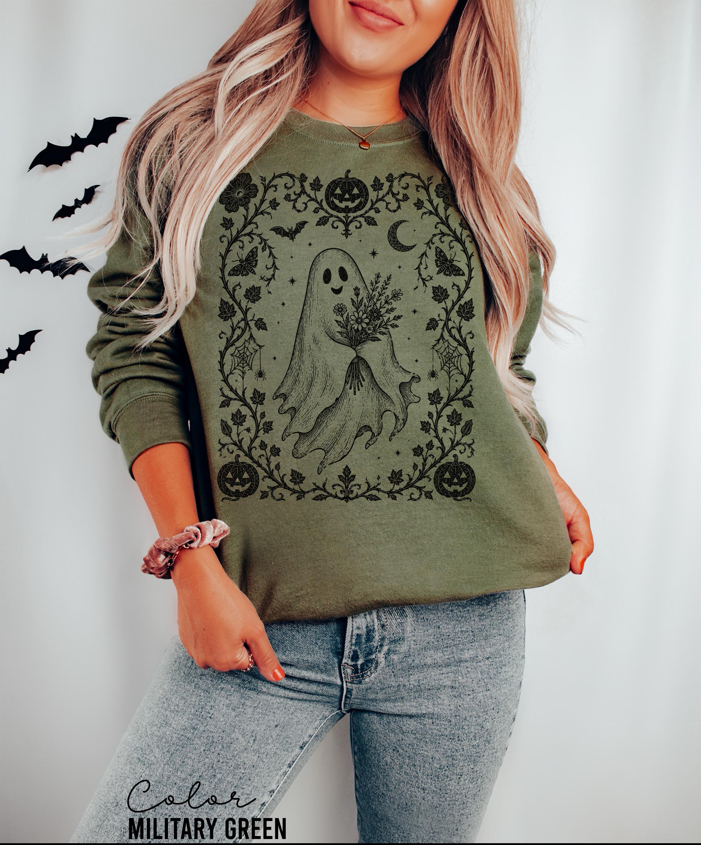 Dark Floral Ghost Halloween Shirt, Gothic Ghost Tee for Women