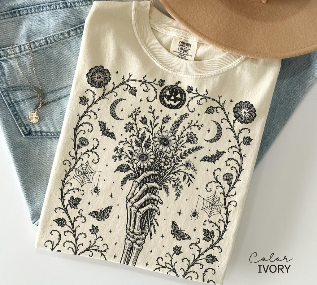 Gothic Skeleton Halloween Shirt, Dark Floral Skeleton Hand, Cottagecore Skeleton Halloween,