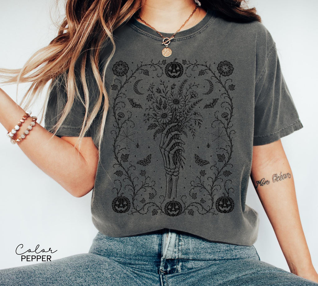 Gothic Skeleton Halloween Shirt, Dark Floral Skeleton Hand, Cottagecore Skeleton Halloween,