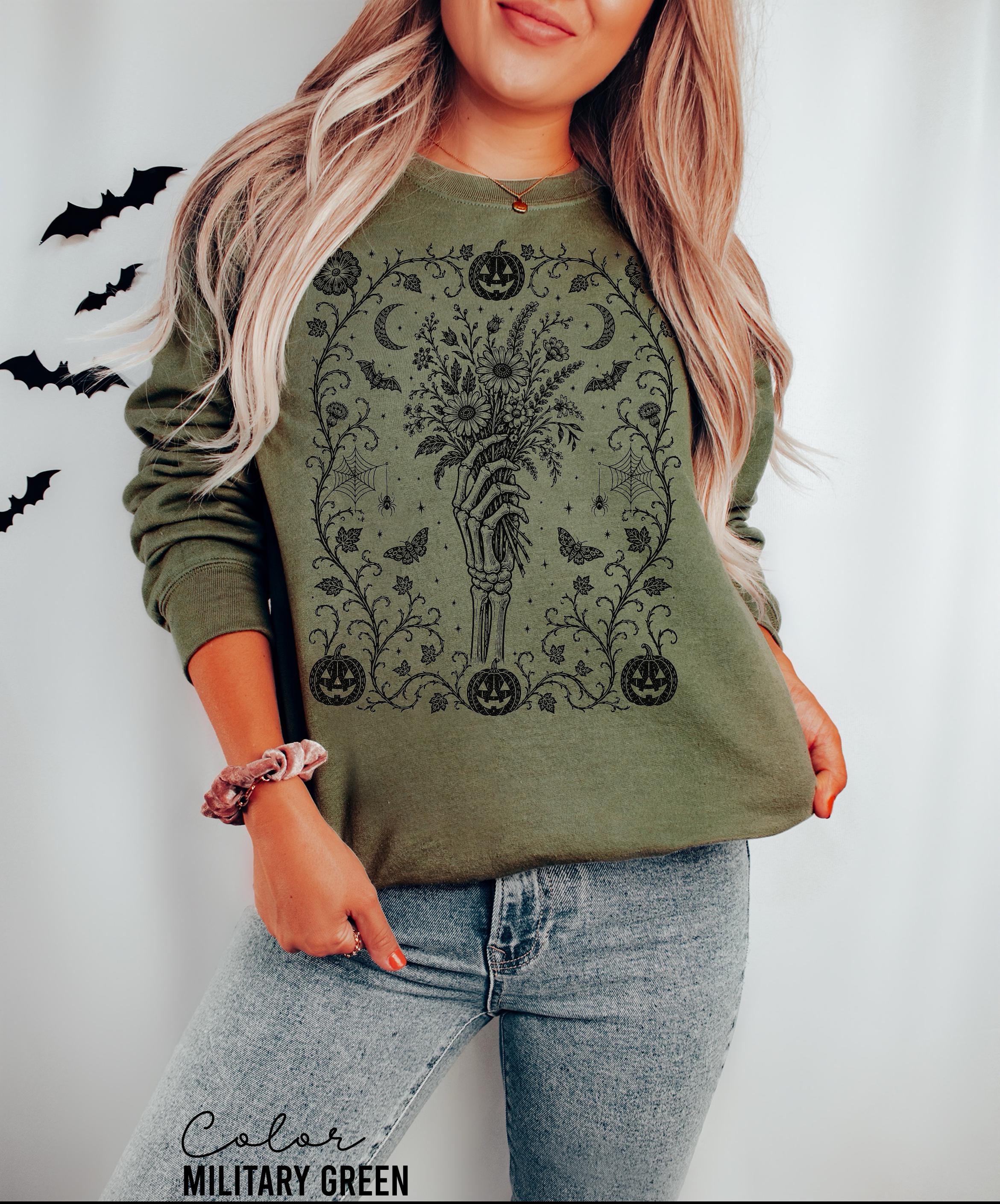 Gothic Skeleton Halloween Shirt, Dark Floral Skeleton Hand, Cottagecore Skeleton Halloween,