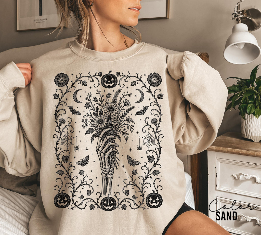Gothic Skeleton Halloween Shirt, Dark Floral Skeleton Hand, Cottagecore Skeleton Halloween,