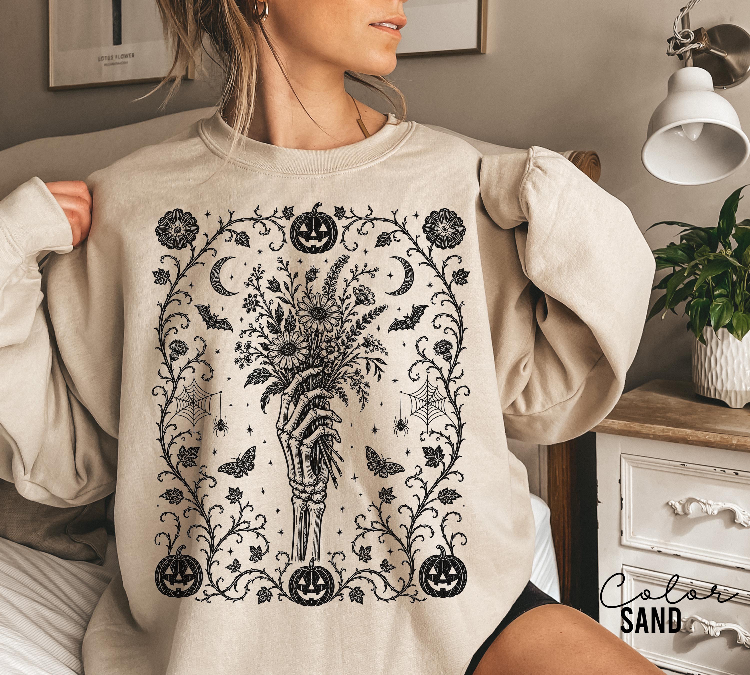 Gothic Skeleton Halloween Shirt, Dark Floral Skeleton Hand, Cottagecore Skeleton Halloween,