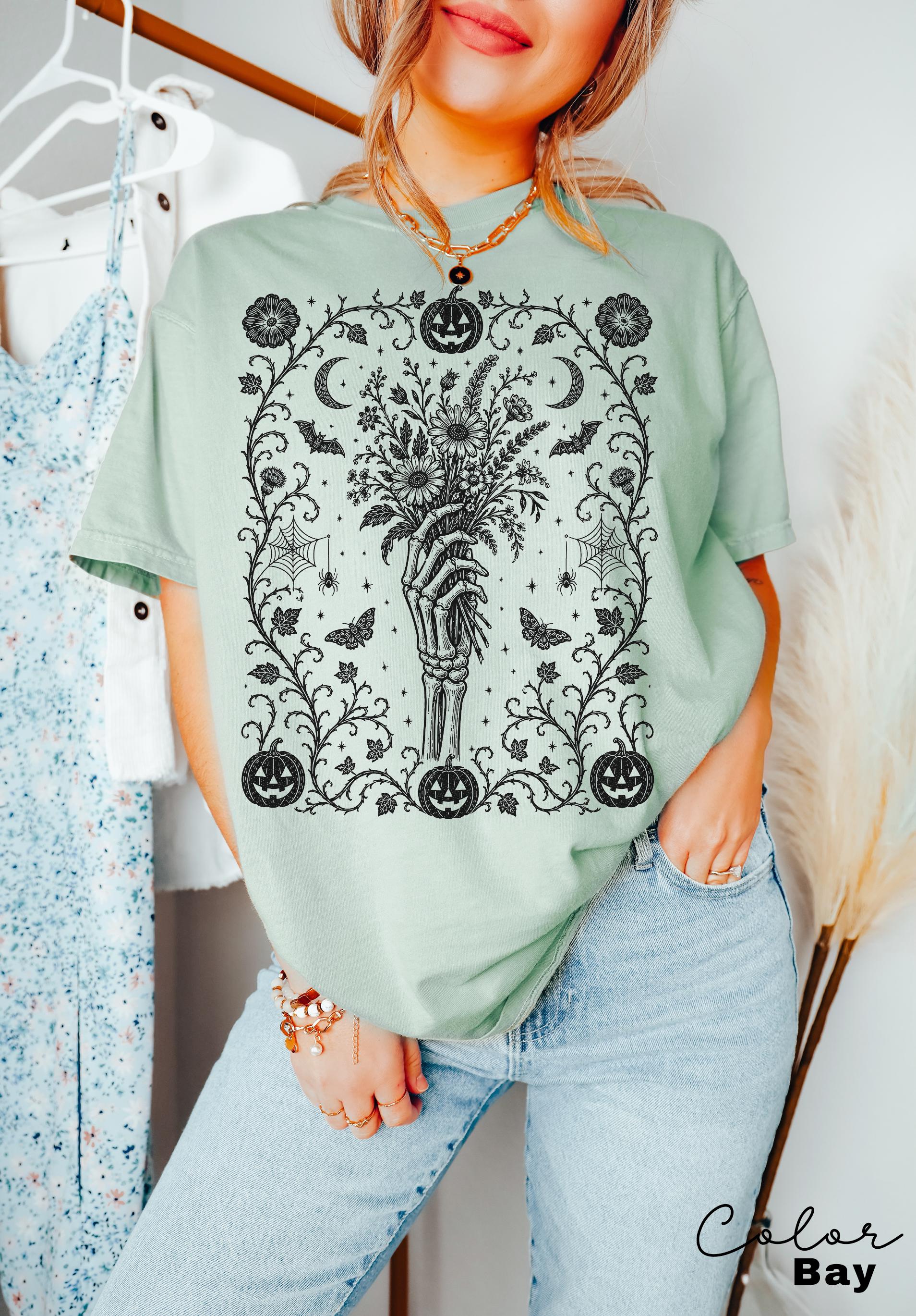 Gothic Skeleton Halloween Shirt with Dark Floral Skeleton Hand Design