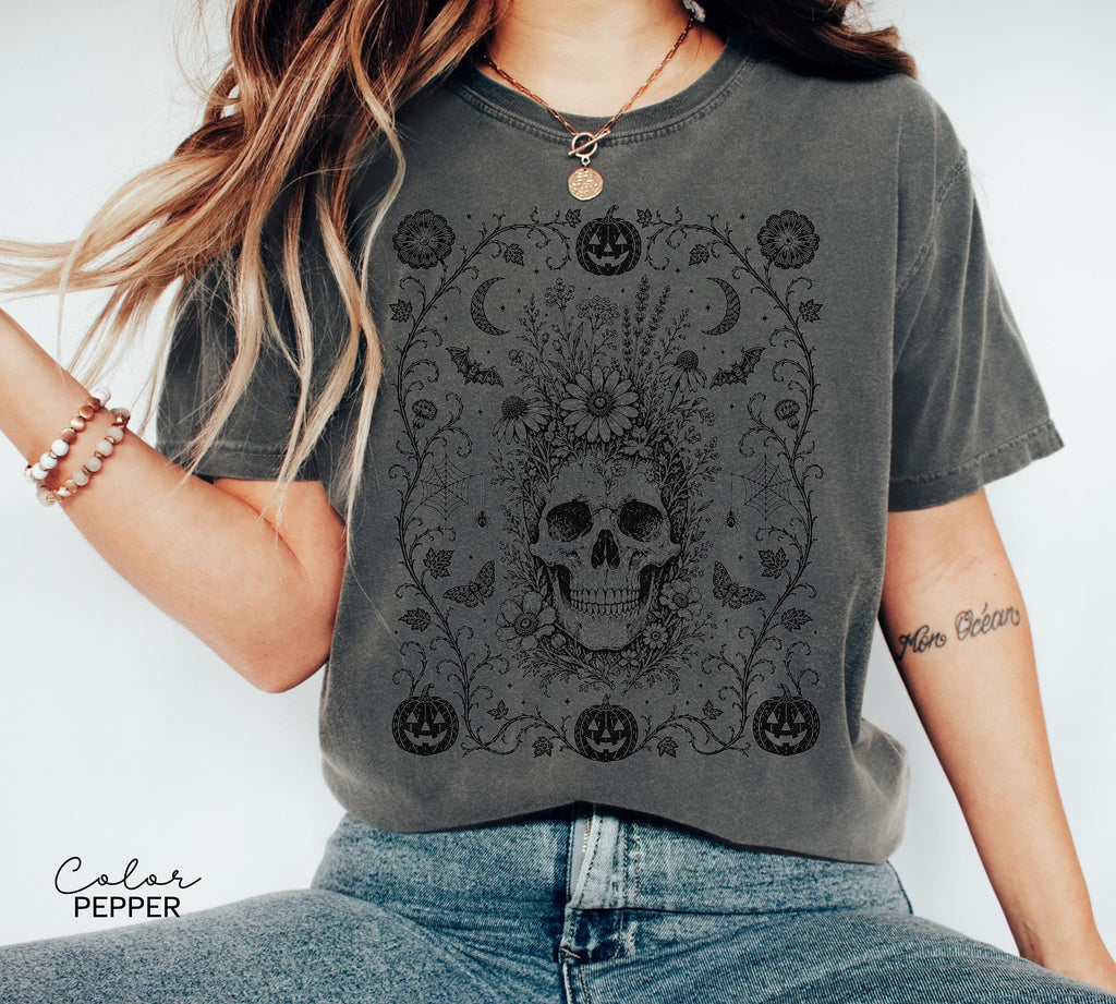 Dark Gothic Floral Skull Halloween Shirt, Dark Academia Skull, Botanical Skull Halloween Gift, Halloween Sweatshirt