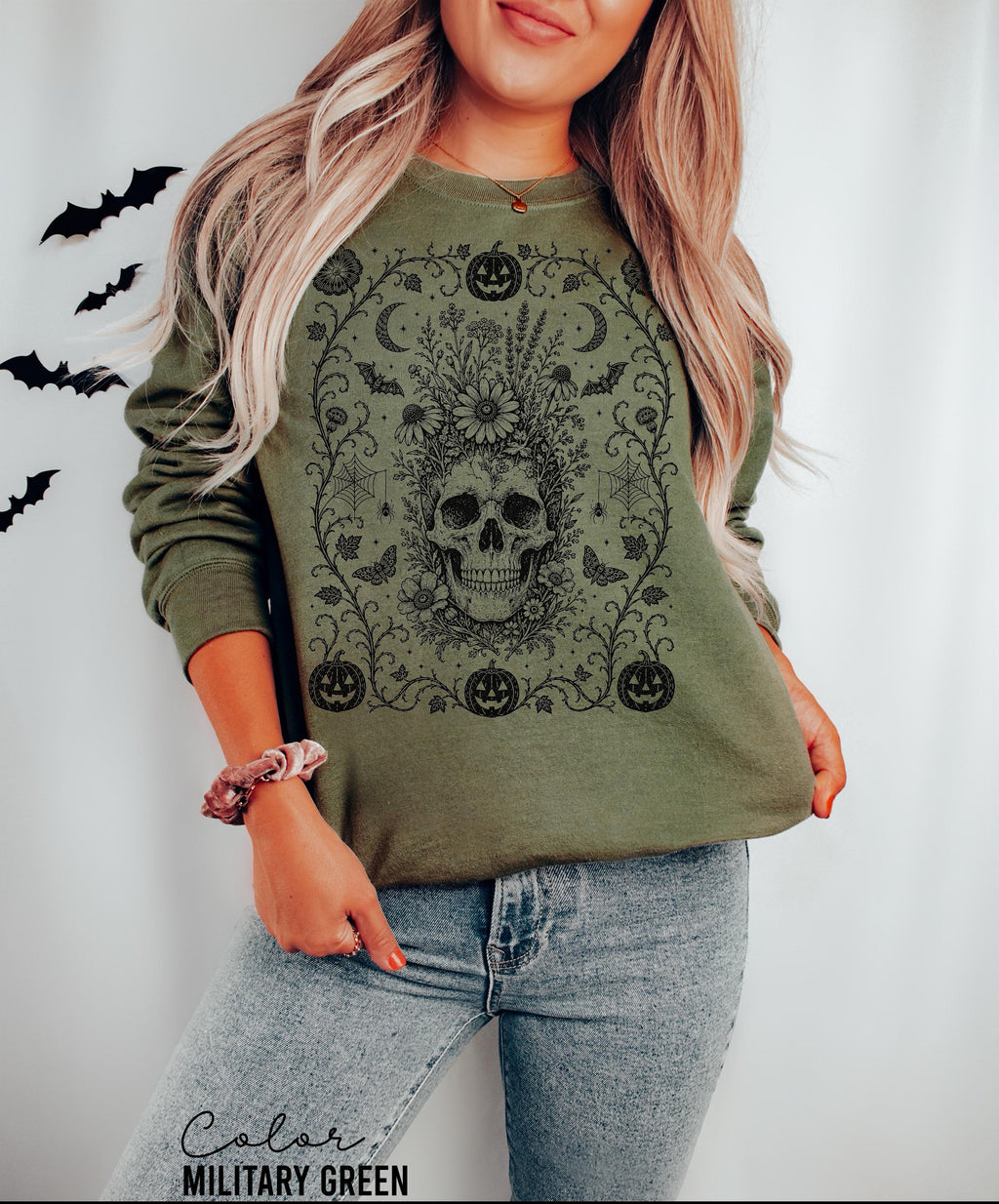Dark Gothic Floral Skull Halloween Shirt, Dark Academia Skull, Botanical Skull Halloween Gift, Halloween Sweatshirt
