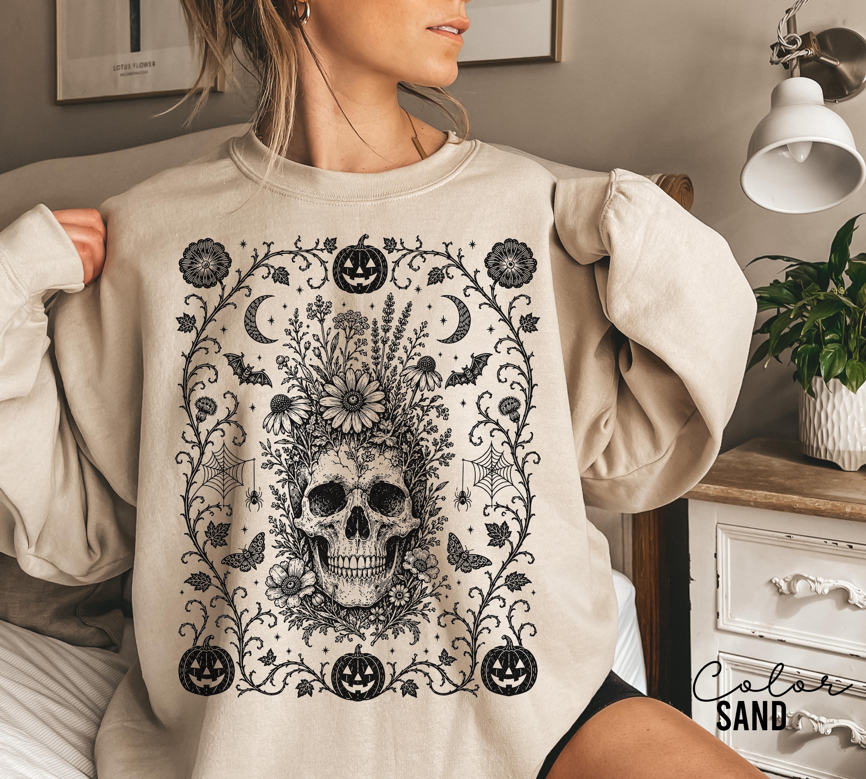 Dark Gothic Floral Skull Halloween Shirt, Dark Academia Tee