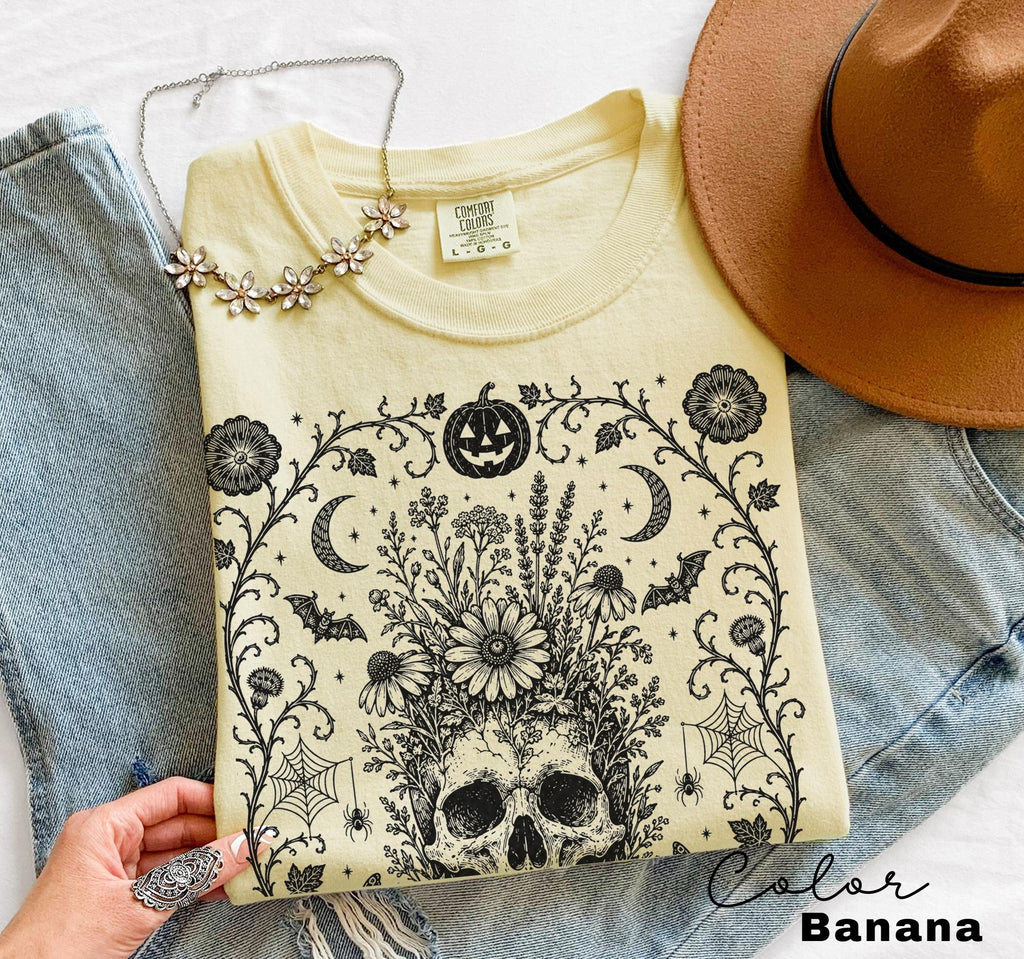 Dark Gothic Floral Skull Halloween Shirt, Dark Academia Skull, Botanical Skull Halloween Gift, Halloween Sweatshirt