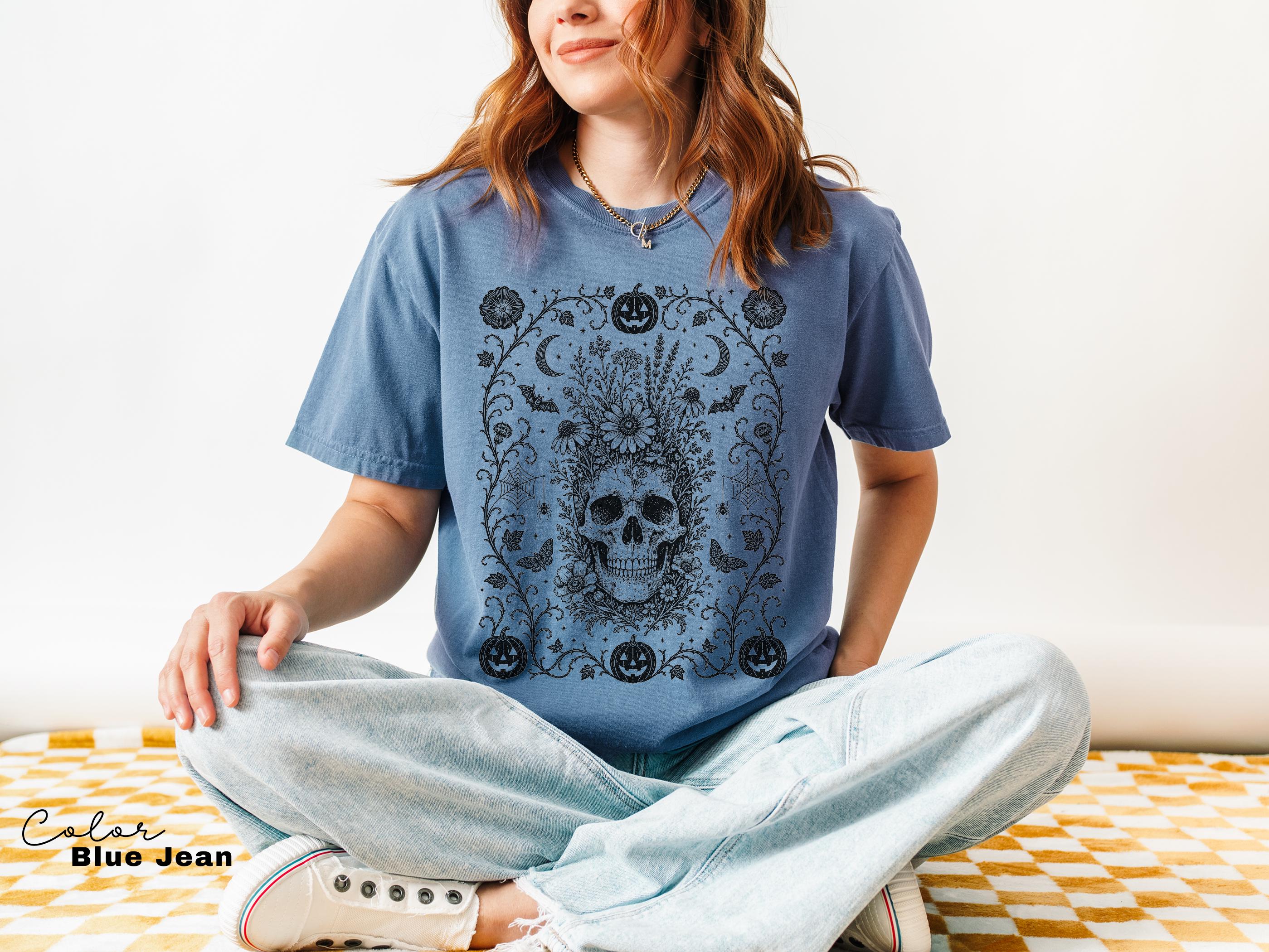 Dark Gothic Floral Skull Halloween Shirt, Dark Academia Tee
