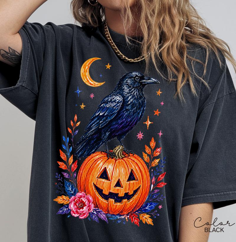 Halloween Raven Pumpkin Shirt, Fall Autumn Graphic Tee, Comfort Colors, Crow Halloween Shirt