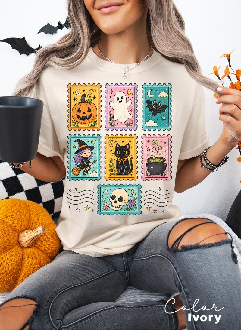 Postage Stamp Halloween T-Shirt, Cute Spooky Witch Cat Ghost Tee, Comfort Colors Tee