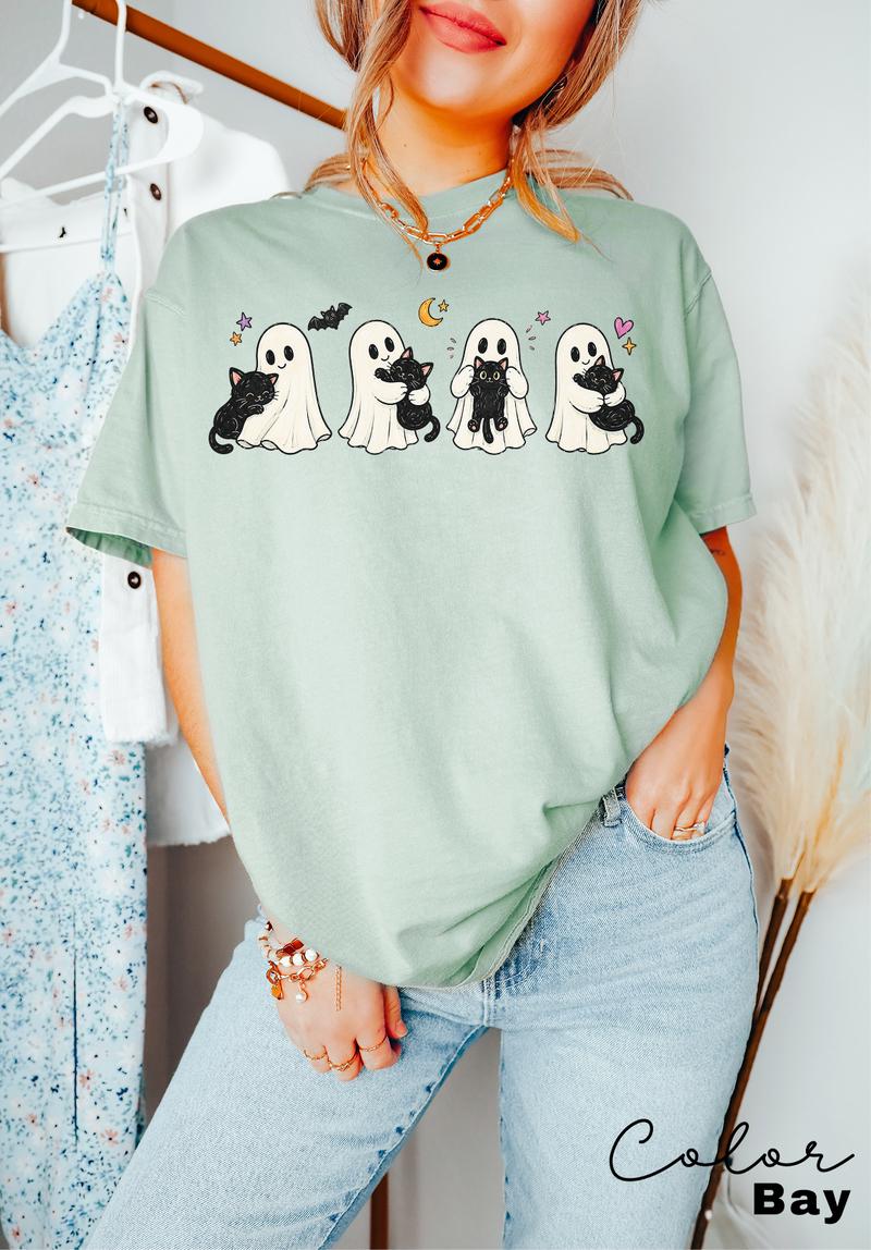 Ghost Cat Halloween Shirt, Spooky Season Graphic Tee, Comfort Colors Tee, Black Cat Ghost T-Shirt for Women