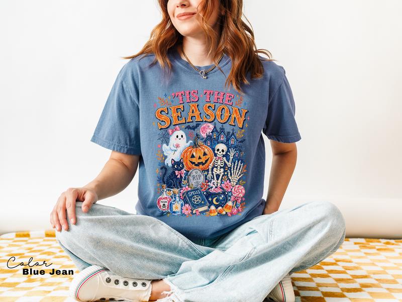Tis the Season Halloween T-Shirt, Ghost Pumpkin Skeleton Graphic Tee, Witchy Cute Fall Shirt, Spooky Season Tee