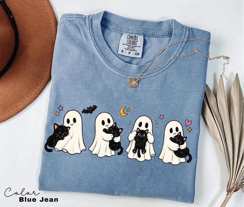 Ghost Cat Halloween Shirt, Spooky Season Graphic Tee, Comfort Colors Tee, Black Cat Ghost T-Shirt for Women