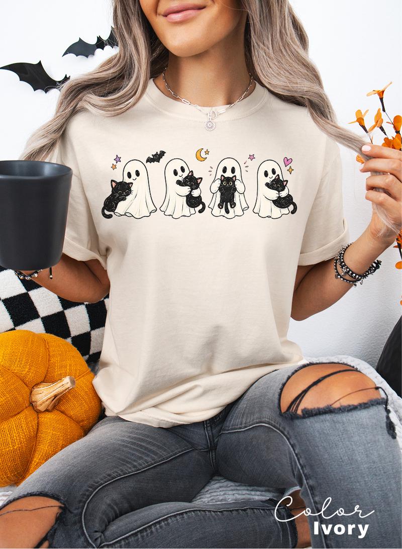 Ghost Cat Halloween Shirt, Spooky Season Graphic Tee, Comfort Colors Tee, Black Cat Ghost T-Shirt for Women
