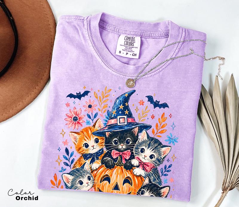 Halloween Cat Shirt, Cute Witchy Cat Graphic Tee, Pumpkin Patch Fall Spooky Season T-Shirt