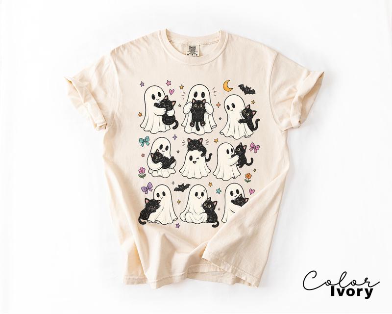 Cute Ghost Cat Halloween Shirt, Black Cat Graphic Tee, Spooky Season Cute Tee