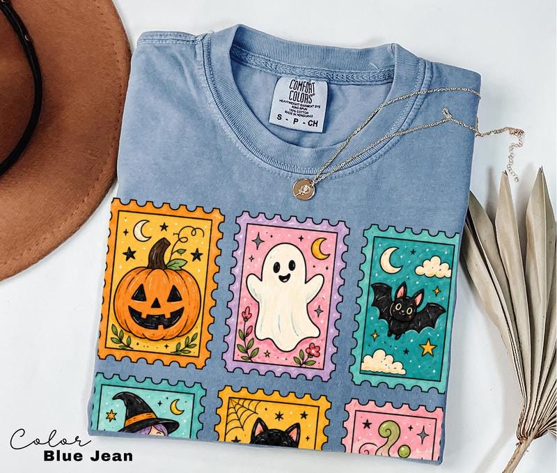 Postage Stamp Halloween T-Shirt, Cute Spooky Witch Cat Ghost Tee, Comfort Colors Tee