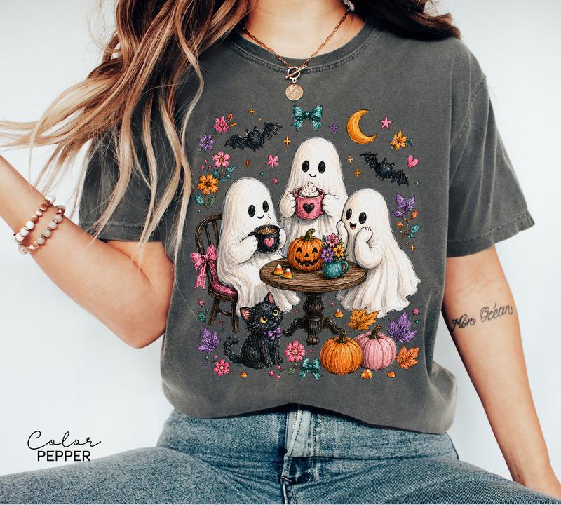 Halloween Ghost T-Shirt, Cute Spooky Graphic Tee, Fall Autumn Witchy Woman Shirt, Cat Lover Coffee Tee
