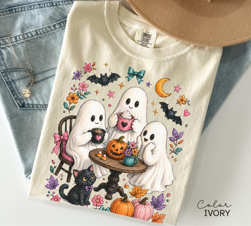 Halloween Ghost T-Shirt, Cute Spooky Graphic Tee, Fall Autumn Witchy Woman Shirt, Cat Lover Coffee Tee