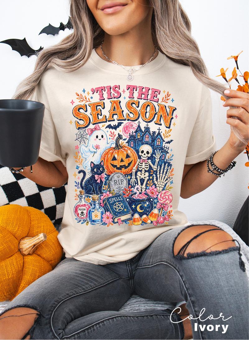 Tis the Season Halloween T-Shirt, Ghost Pumpkin Skeleton Graphic Tee, Witchy Cute Fall Shirt, Spooky Season Tee