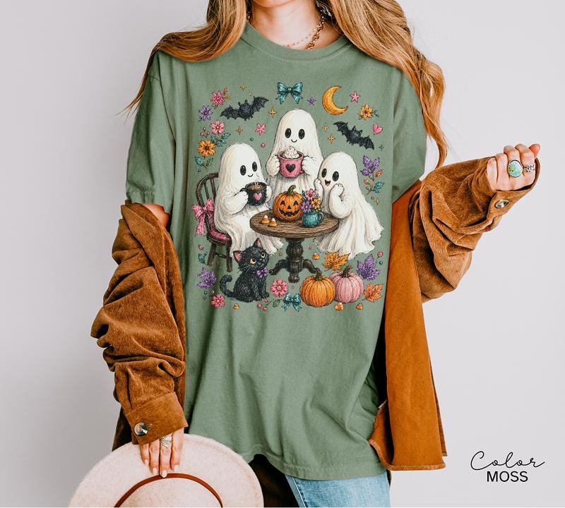 Halloween Ghost T-Shirt, Cute Spooky Graphic Tee, Fall Autumn Witchy Woman Shirt, Cat Lover Coffee Tee