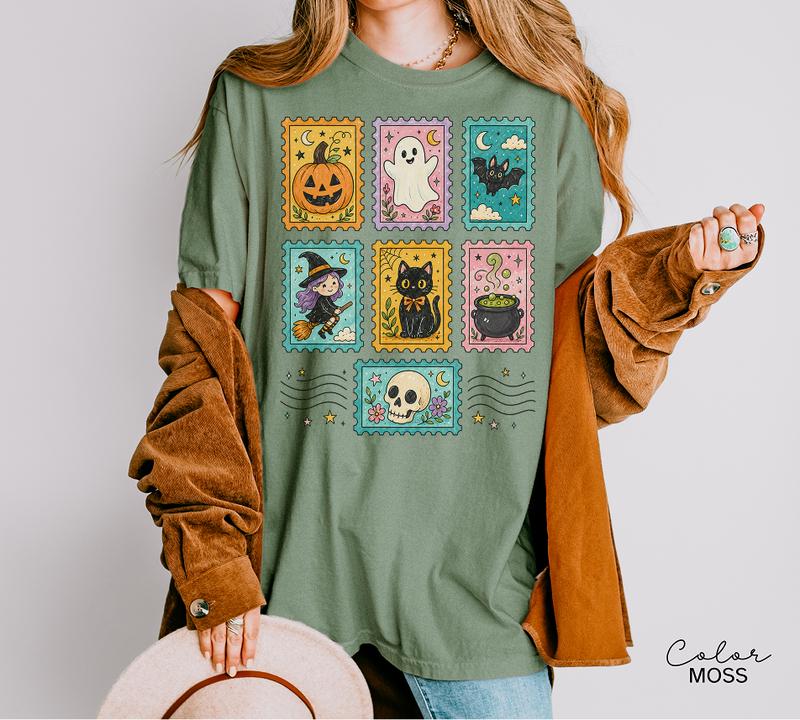 Postage Stamp Halloween T-Shirt, Cute Spooky Witch Cat Ghost Tee, Comfort Colors Tee
