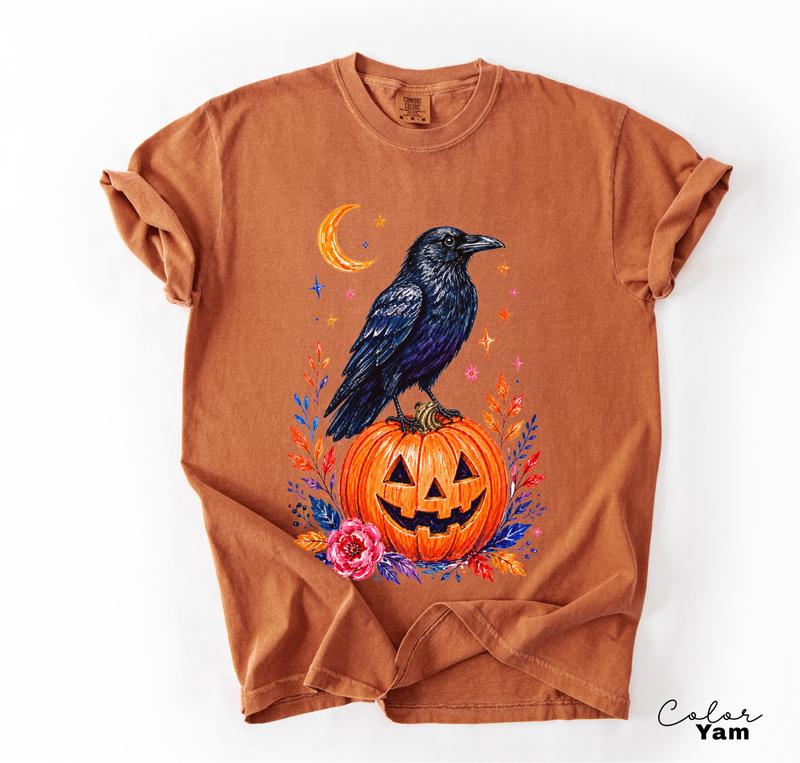 Halloween Raven Pumpkin Shirt, Fall Autumn Graphic Tee, Comfort Colors, Crow Halloween Shirt