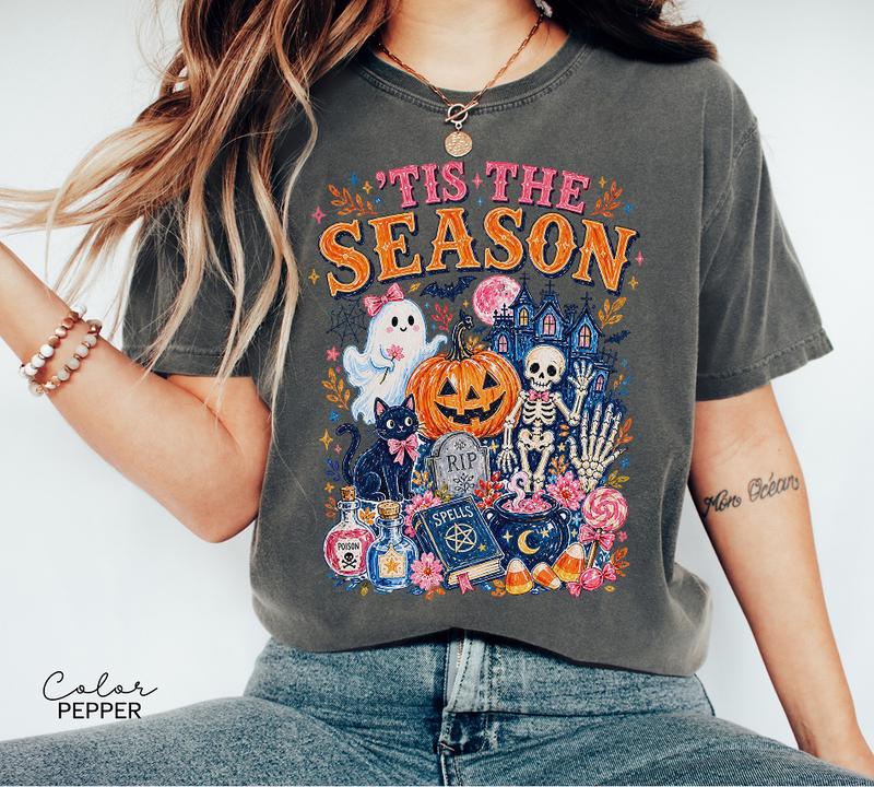 Tis the Season Halloween T-Shirt, Ghost Pumpkin Skeleton Graphic Tee, Witchy Cute Fall Shirt, Spooky Season Tee