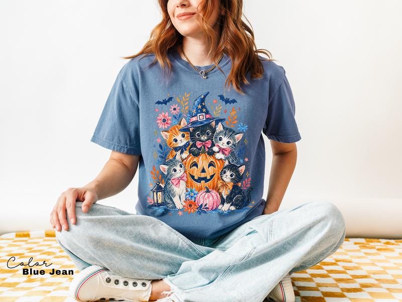 Halloween Cat Shirt, Cute Witchy Cat Graphic Tee, Pumpkin Patch Fall Spooky Season T-Shirt