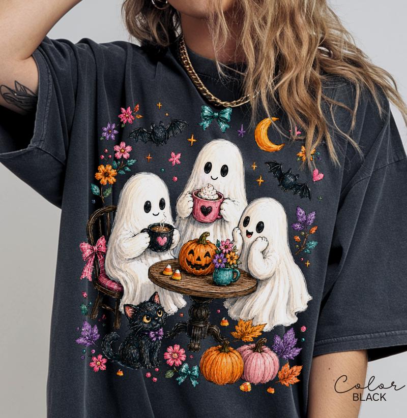 Halloween Ghost T-Shirt, Cute Spooky Graphic Tee, Fall Autumn Witchy Woman Shirt, Cat Lover Coffee Tee