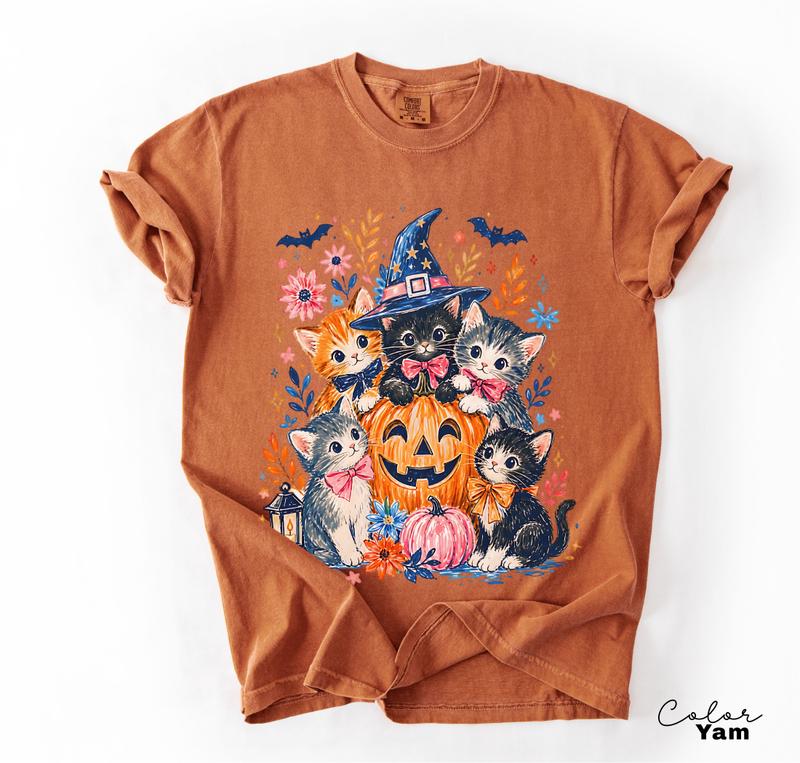 Halloween Cat Shirt, Cute Witchy Cat Graphic Tee, Pumpkin Patch Fall Spooky Season T-Shirt
