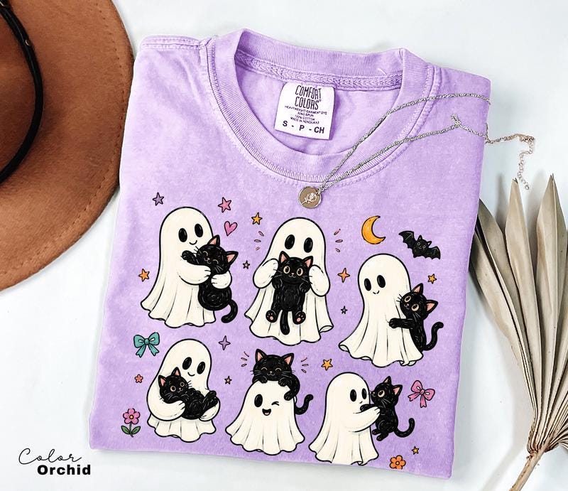Cute Ghost Cat Halloween Shirt, Black Cat Graphic Tee, Spooky Season Cute Tee