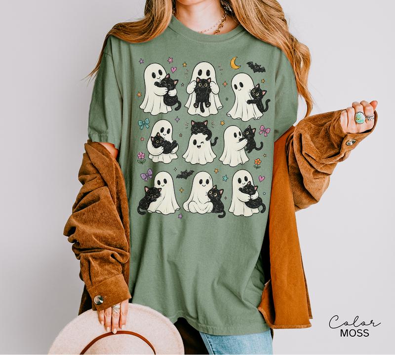 Cute Ghost Cat Halloween Shirt, Black Cat Graphic Tee, Spooky Season Cute Tee