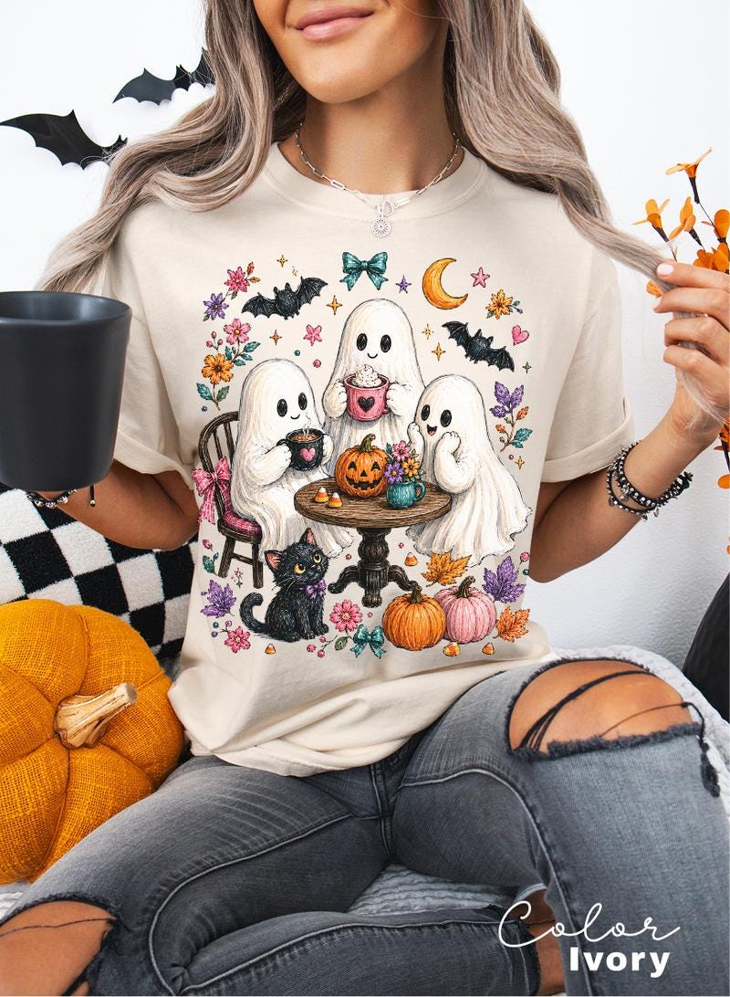 Halloween Ghost T-Shirt, Cute Spooky Graphic Tee, Fall Autumn Witchy Woman Shirt, Cat Lover Coffee Tee