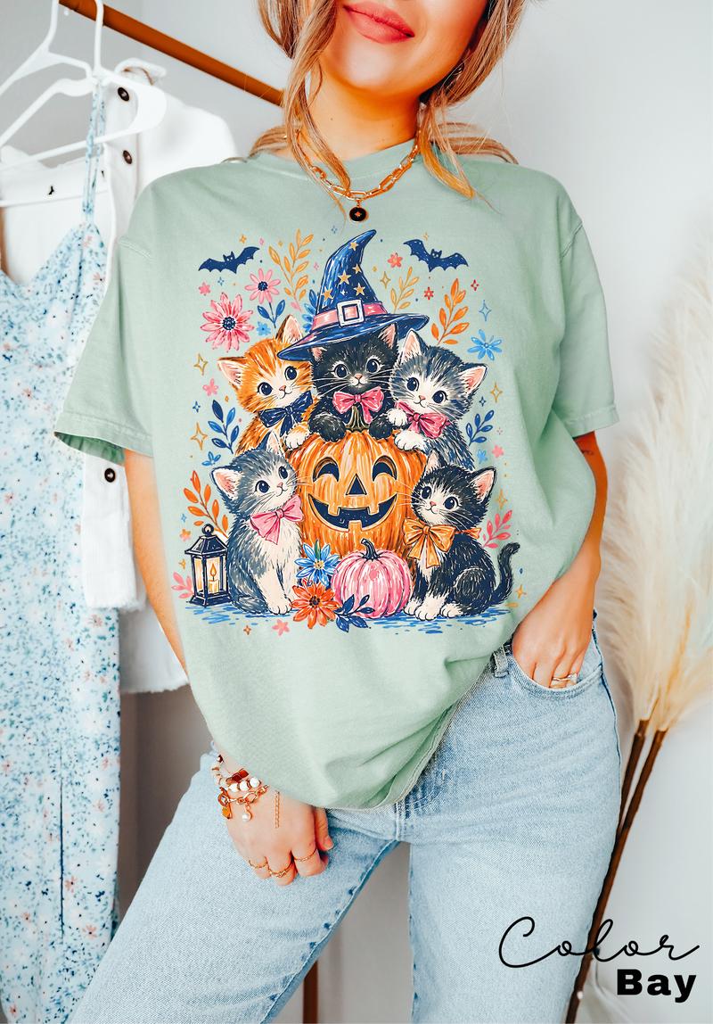 Halloween Cat Shirt, Cute Witchy Cat Graphic Tee, Pumpkin Patch Fall Spooky Season T-Shirt
