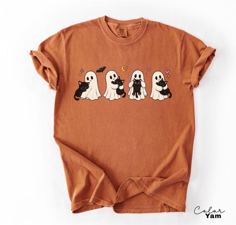 Ghost Cat Halloween Shirt, Spooky Season Graphic Tee, Comfort Colors Tee, Black Cat Ghost T-Shirt for Women