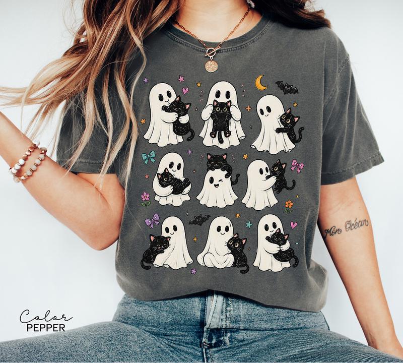 Cute Ghost Cat Halloween Shirt, Black Cat Graphic Tee, Spooky Season Cute Tee