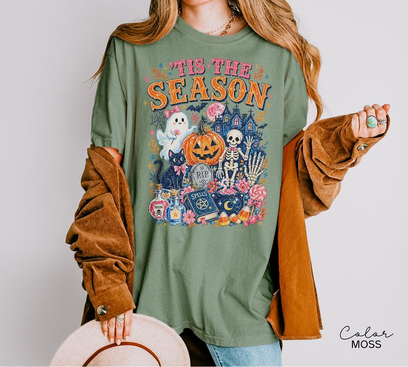 Tis the Season Halloween T-Shirt, Ghost Pumpkin Skeleton Graphic Tee, Witchy Cute Fall Shirt, Spooky Season Tee